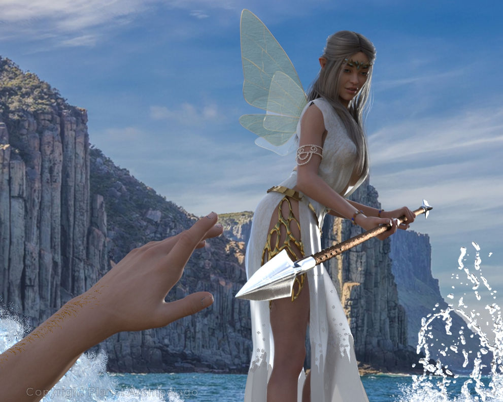 A fairy with a spear threatens a shipwrecked human.