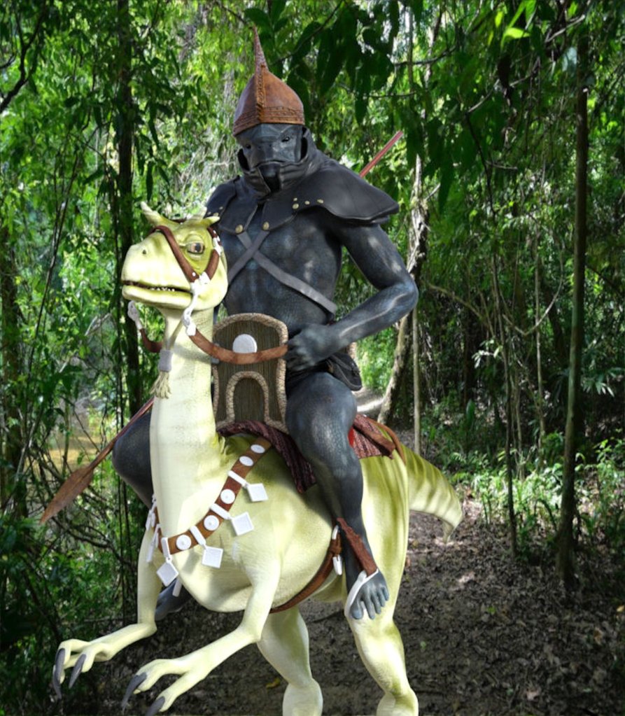 An alien with armor mounted on a native creature.