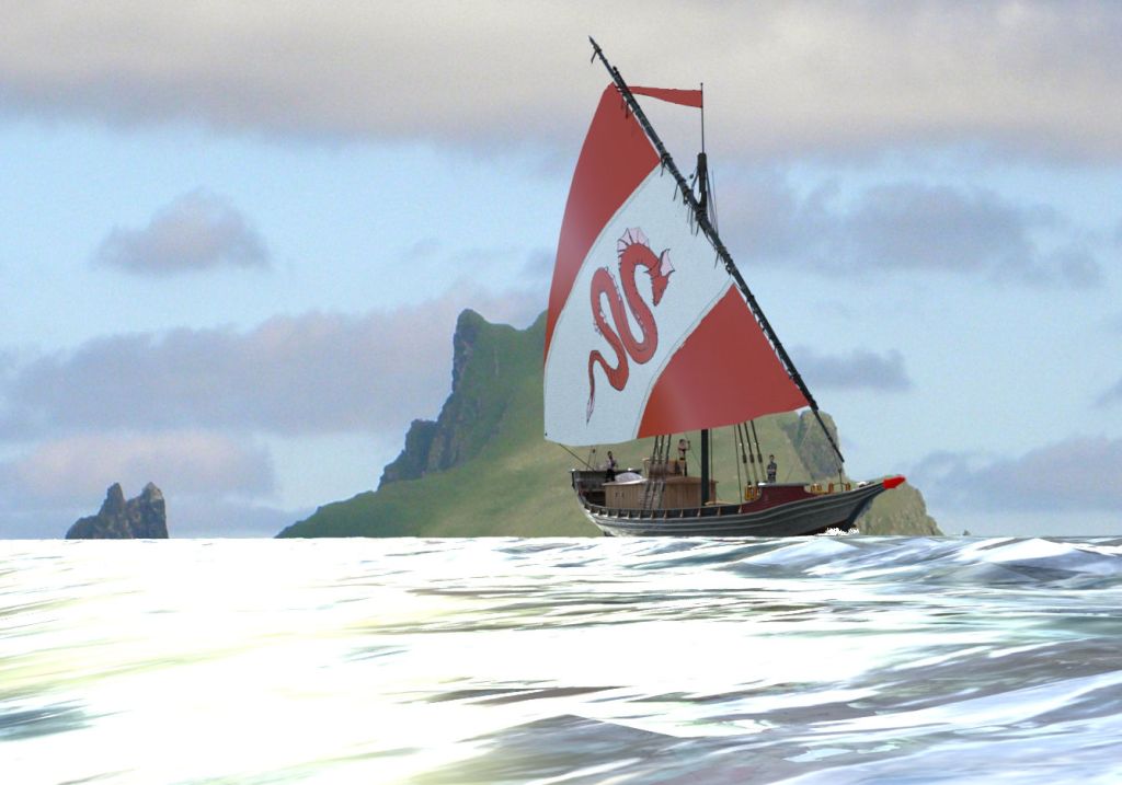 A sailing ship with a red serpent sail design.