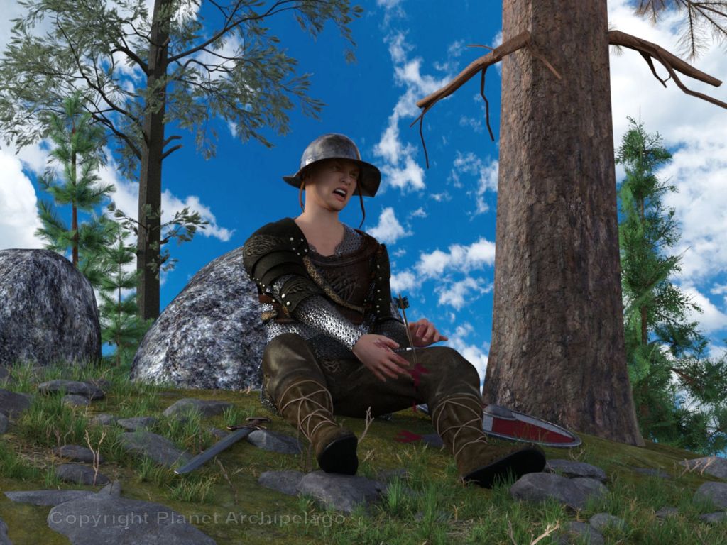 A fighter in pain cries out with a crossbow bolt in his leg.